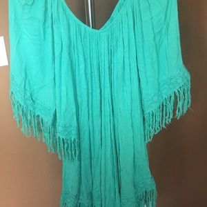 Teal fringe blouse